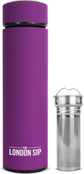 London Sip Multi-Purpose Travel Mug and Tumbler Fruit Infused Flask Hot and Cold Double Wall Stainless Steel Thermos with Extra-Long Infuser, Purple