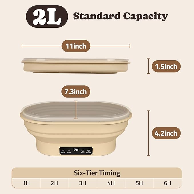 Heating Sourdough Bread Proofing Basket, 2L Electric Thermostatic Silicone Oval Banneton Proofing Bowl with 6 Timer & Temp Settings for Dough Rising, Dishwasher Safe, Foldable Sourdough Starter Bowl