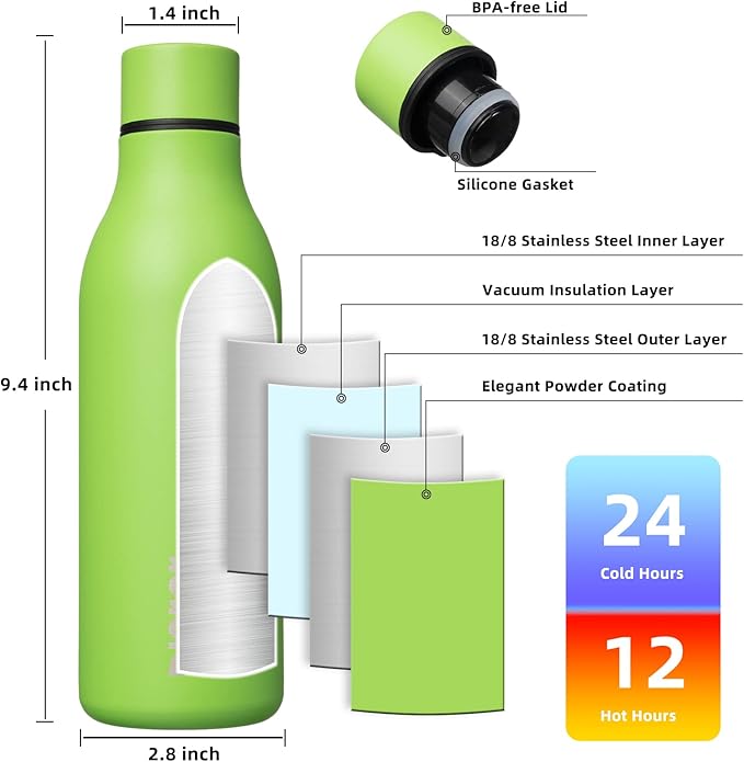 BJPKPK Insulated Water Bottles, 18 oz Stainless Steel Metal Water Bottle with Strap, BPA Free Leak Proof Thermos, Mugs, Flasks, Reusable Water Bottle for Sports & Travel, Green