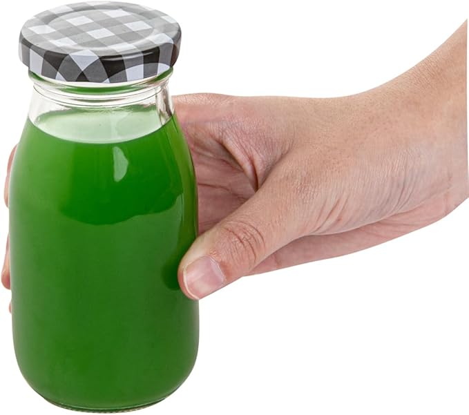 Restaurantware-French Countryside 6 Ounce Glass Bottles, 10 Durable Juice Bottles - With Black Plaid Lid, Dishwashable, Clear Glass Countryside Bottle, For Hot And Cold Beverages