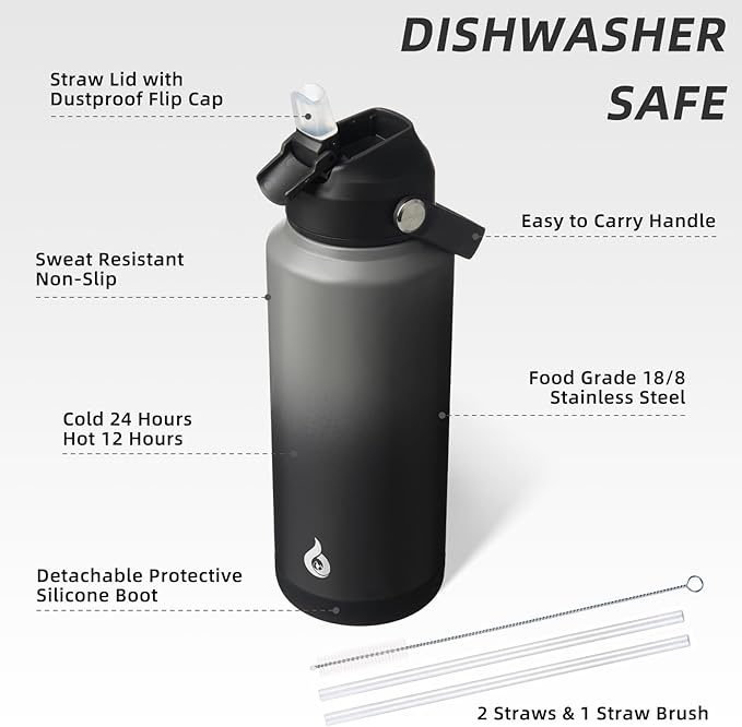 BJPKPK Water Bottle with Straw Lid, 32oz Vacuum Insulated Water Bottles, Metal Stainless Steel Thermos for Sports, Travel, BPA Free Leak Proof Thermos, Cups, Flasks, Tumblers,Black Grey