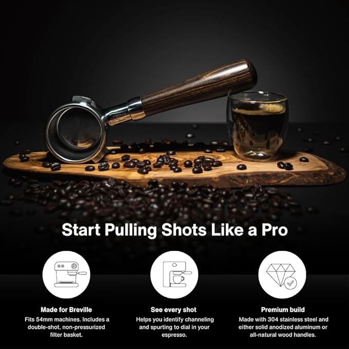 Crema Coffee Products - 54mm Bottomless Naked Portafilter - Filter Basket Included - Fits 54mm Breville Machines, Sandalwood