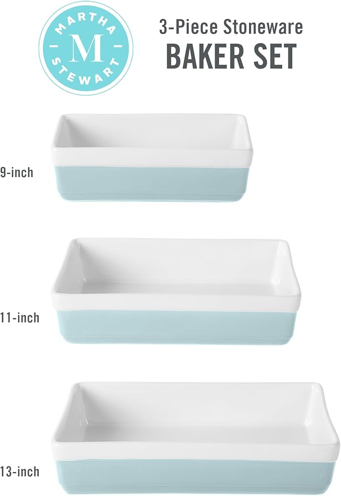 MARTHA STEWART 3 Piece Oven to Table Stoneware Bakeware, Baking Dish & Casserole Set - Dusty Blue