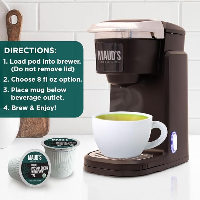 Maud's Organic Passion Green Tea Pods, 24 ct, Recyclable Single Serve Tea Pods – 100% Gourmet Blended Tea Leaves, Compatible with Keurig K Cups Maker