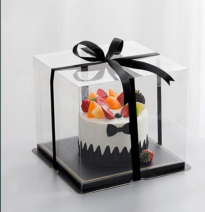 XININSUN 6Pcs Tall Cake Boxes Clear cake Box with Ribbon, 12x12x 10inch,Ideal for Large 10" and 12" Inch Tall Layer Tiered Cakes and Clear Gift Boxes for Wedding Party and Gift Display - Black