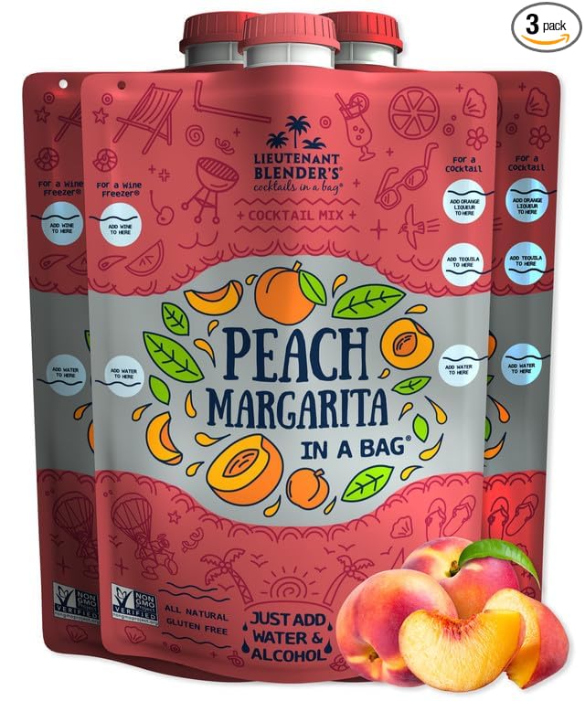Lt. Blender's Peach Margarita in a Bag - Peach Margarita Mix - Each Bag Makes 1/2 Gallon - Non-GMO Cocktail Mix - No Blender Needed - Add Liquor, Wine or as a Mocktail (Pack of 3)