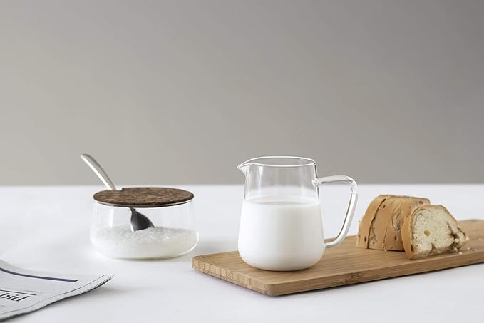 Viva Classic Glass Creamer and Sugar Set - Coffee and Tea Serving Set - Cream Pitcher 9.5 oz / 280ml and Sugar Bowl 12 oz / 350 ml with Cork Lid and Metal Spoon, Milk and Sugar for Coffee Bar