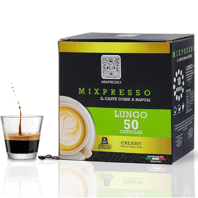 Mixpresso Lungo Coffee Espresso Capsules Compatible With Nespresso Original Brewers, Single Cup Coffee Pods 100% from Italy, Dark Roast 80% Arabica Espresso, 50 Count Coffee Capsule Intensity 10/12