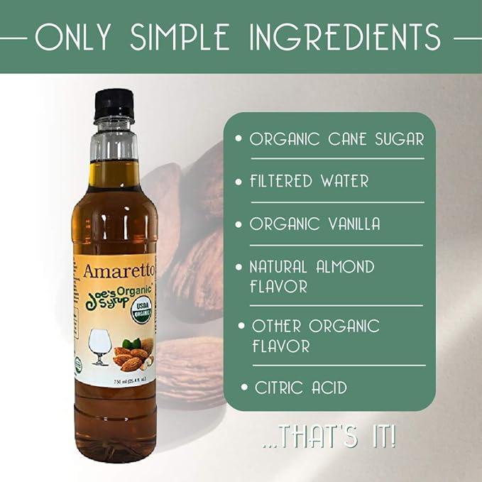 Joe’s Syrup Organic Flavored Syrup, Organic Amaretto, 750 ml (3 Pack)