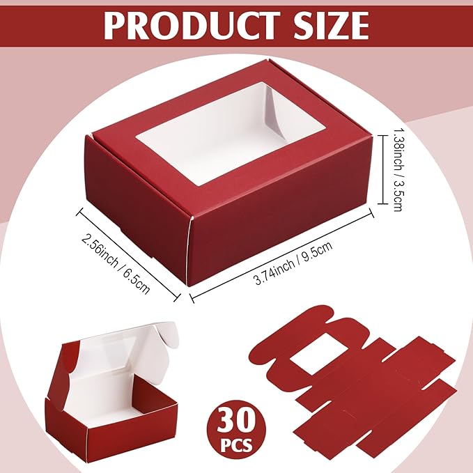 Zonon 30 Pcs Soap Boxes for Homemade Packaging, Mini Kraft Treat Boxes with Window for Bakery Candy Soap Making Gift Packaging(3.7 x 2.6 x 1.37 Inch,Burgundy)