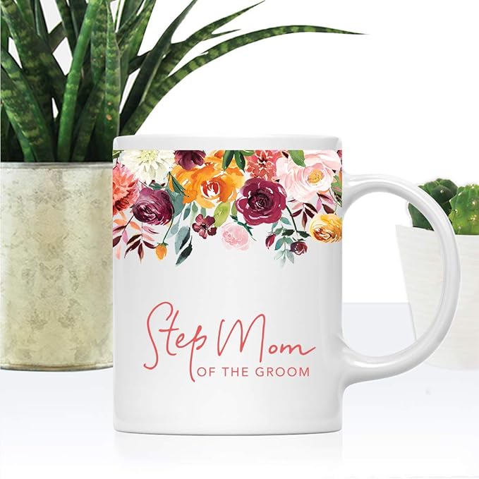 Andaz Press 11oz. Wedding Ceramic Coffee Tea Mug Gift, Fall Autumn Burgundy Orange Peach Flowers Roses Florals, Step Mom of the Groom, 1-Pack, Includes Gift Box