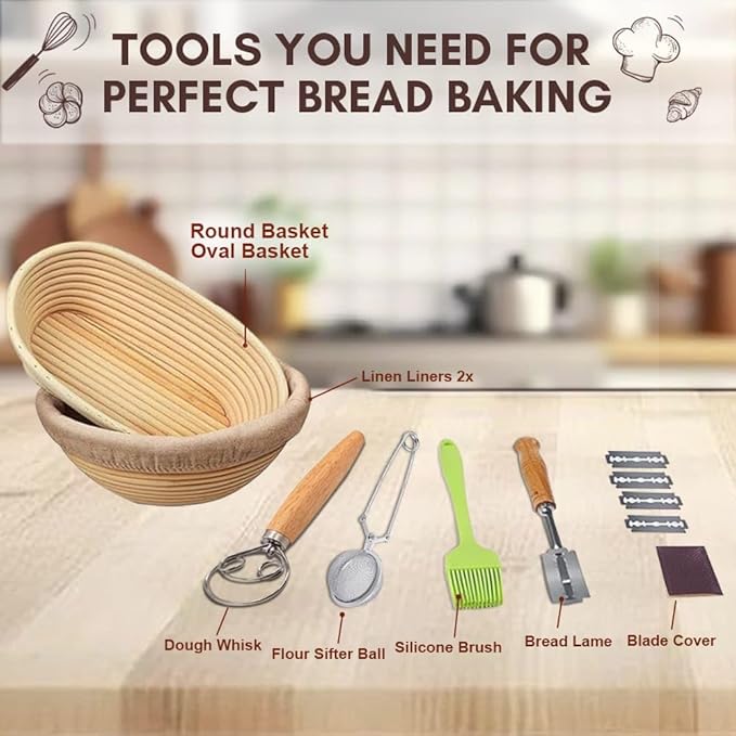 Sourdough Basket Set, 9" Round & 10" Oval Proofing Baskets for Bread Baking with, Lame, Whisk & Linen Liners, Complete Sourdough Proofing Basket Kit