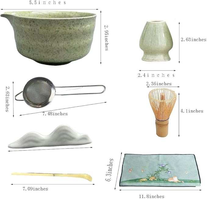 matcha whisk set,matcha set, including matcha bowl, matcha whisk and stand, sieve, spoon, cloth mat, gift for matcha lovers (Green)