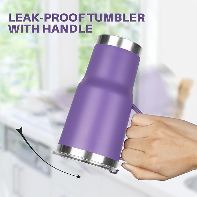 20 oz Tumbler with Handle, Stainless Steel Insulated Tumbler with Lid and Straw, Double Wall Vacuum Coffee Mug Tumbler, Insulated Coffee Thermal Cup for Cold and Hot (Purple)