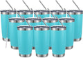 COMOOO 20oz Double Wall Vacuum Insulated Travel Mug Bulk Stainless Steel Tumbler with Lid and Straw Durable Powder Coated Insulated Coffee Cup for Cold & Hot Drinks (Light Blue, 12 pack