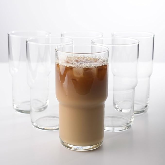 LEMONSODA Stackable Iced Coffee Glasses Set of 6, 48-15 and 21oz Drinking Glasses for Lattes, Tea, Coffee, and Water (21oz, Set of 6)
