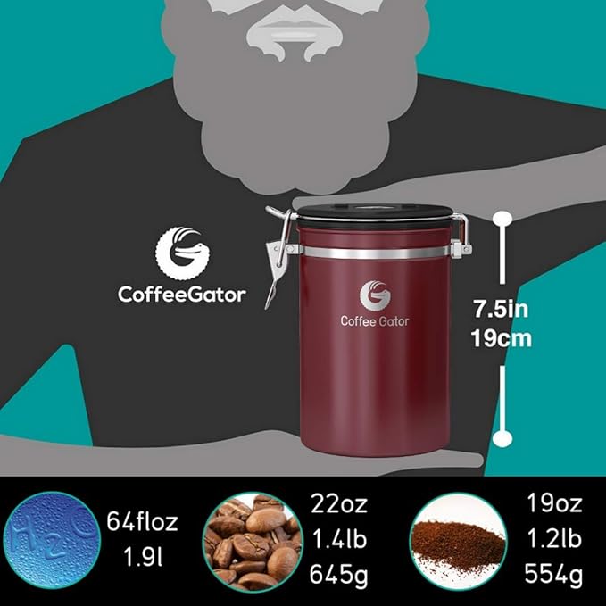 Coffee Gator Coffee Canister, 22oz Airtight Stainless Steel Kitchen Food Storage Container with Date Tracker, Valve, Scoop for Sugar, Grounds, Beans, Tea, Sugar, Cereal, Flour, Cookies Jars - Red