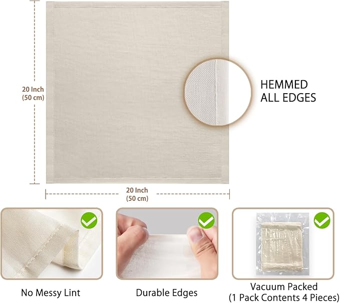 Olicity Cheese Cloths, 4PCS, Double-Layer, 20x20Inch, Reusable Grade 90 Cheese Cloth Bag for Straining, Hemmed Unbleached Cotton Precut Fine Mesh Muslin Cheesecloth for Brew, Jelly, Yogurt
