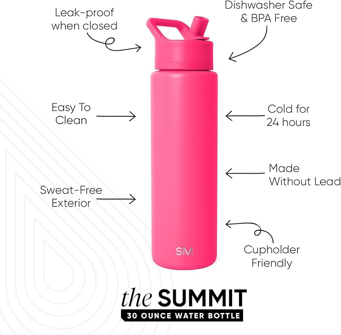 Simple Modern Water Bottle with Straw Lid | Vacuum Insulated Stainless Steel Metal Thermos | Reusable Leak Proof BPA-Free Flask for Sports Gym | Summit Collection | 30oz, Malibu