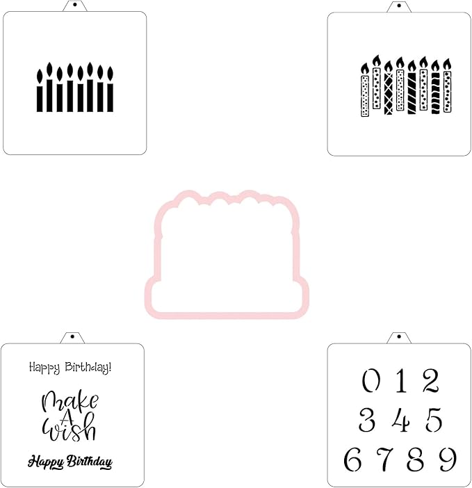 Birthday Cookie Cutter and Stencil Set Bundle Kit PYO Cookies Paint Your Own Diy Bakery Fondant Sugar Happy Birthday Wedding Baby Candle Kids Painting Coloring Pages Comb (Candle)