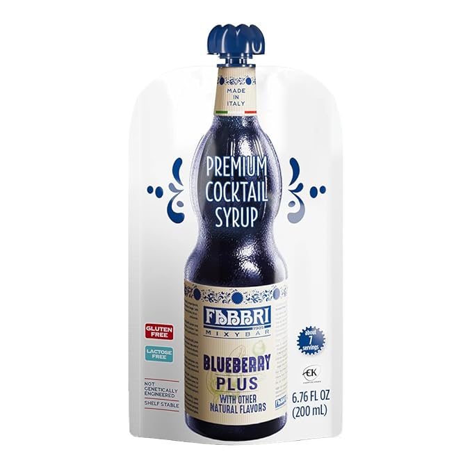 Fabbri Premium Italian Fruit Syrup, Blueberry, Natural Ingredients, Non-GMO, Gluten Free, ideal for Cocktails, Mocktails, Smoothies & Sodas, Made in Italy, squeezable pouch of 6.76 fl oz (200ml)