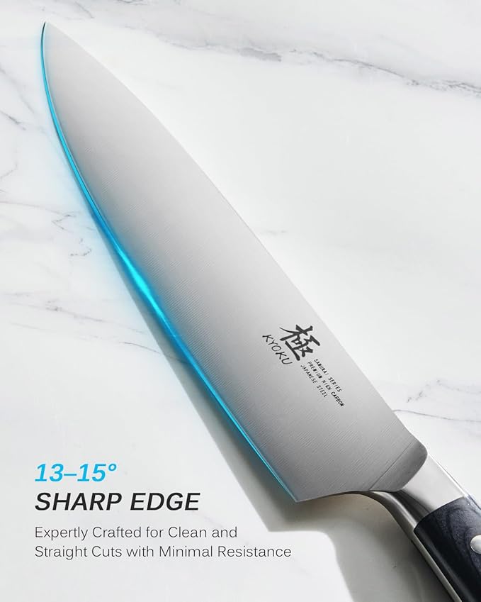 KYOKU 8" Chef Knife, Samurai Series Meat Cutting Knife with Pakkawood Handle & Mosaic Pin, Japanese High Carbon Steel Knife, Full Tang Cutting Chopping Knife for Vegetable Fruit with Sheath and Case