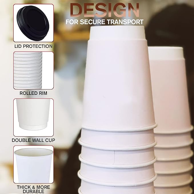 Smygoods White - Double Wall Coffee Cup - (12 OZ, 26 Count) For Hot Beverages, Tea, Espresso, Cocoa - To Go Drink Containers, Café & Office