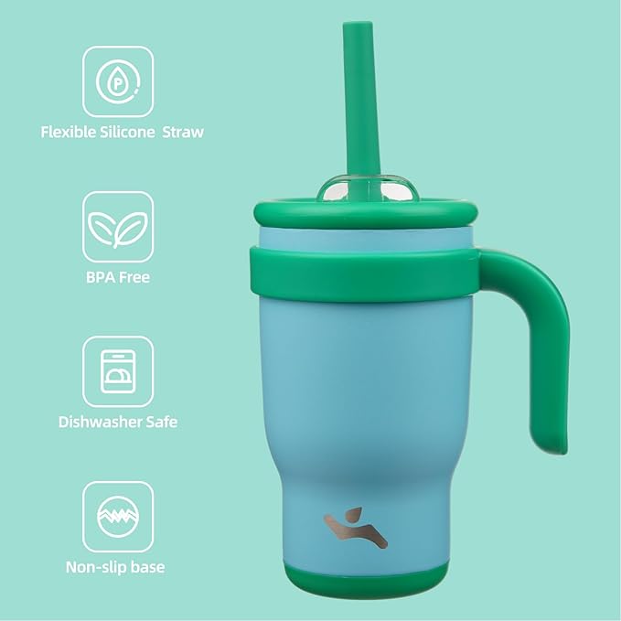14 oz Tumbler with Side Handle, Insulated Water Bottle with Straw and 2 in 1 Lid, Stainless Steel Cup Travel Coffee Mug for Sports Office Gym,Ice Blue