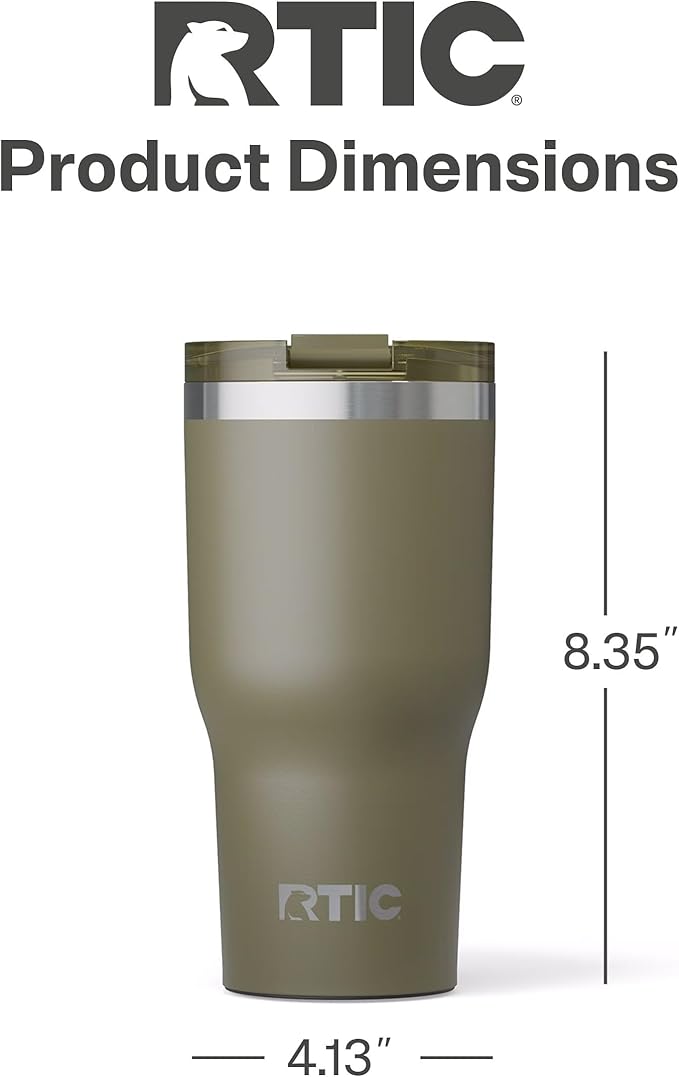 RTIC 30oz Essential Tumbler with Lid, Insulated, Stainless Steel, Metal, Double Wall Vacuum-Insulation, Ceramic Lined, Travel Cup for Iced Coffee, Tea, Hot and Cold Drink, Olive