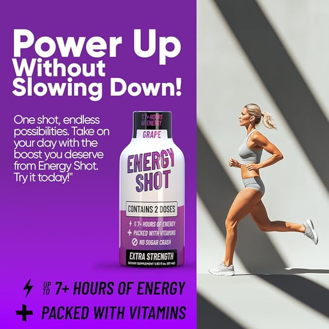 Grape Extra Strength Energy Shot 48 pk – 260mg Natural Caffeine B12 B6 – Energy & Focus Support – 2 Servings Sugar Free Zero Calorie Green Tea B-Vitamins Electrolytes Vegan – 1.93 fl oz