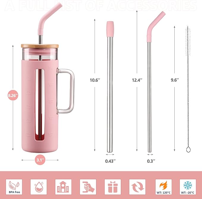 Kodrine Tumbler with Lid and Straw, 20 oz Glass Coffee Tumbler with Handle, Smoothie Cup with Bamboo Lid | Time Marker | Silicone Protective Sleeve, BPA Free -Pink