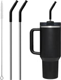 Repeatable Metal Straw with Silicone Tips for 30 oz Stanley Tumbler, 2 Pcs 30 oz Stainless Steel Straws Replacement for Stanley Tumbler, 1 Straw Brush, BPA Free（Black）