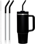 Snowfall Metal Replacement Straw with Silicone Tip for Stanley 30 OZ, 2 Pcs Reusable Long Stainless Steel Drinking Straws, 1 Straw Brush, BPA Free (Black)