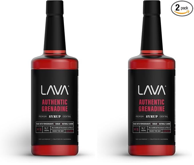 LAVA Premium Grenadine Syrup, Made with Pomegranate Juice, 100% Sugar, 33.8oz (1-Liter), No Artificial Sweeteners, Flavors, or Colors. (2-Pack)