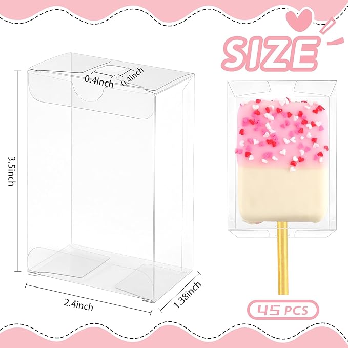 Jutieuo 45 PCS 3.5x2.4x1.38 Inches Clear Rice Krispie Treat Boxes with Hole Individual Cakesicle Boxes Transparent PET Plastic Candy Macaron Boxes Baby Shower Party Favors Boxes