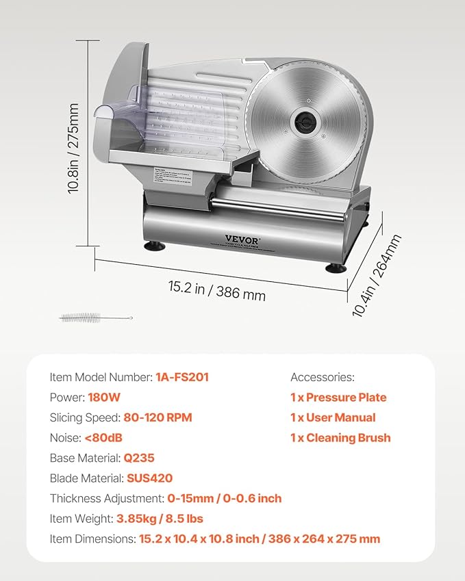 VEVOR Meat Slicer, 180W Electric Deli Food Slicer, 7.5 inch Meat Cutter with a Premium SUS420 Blade, 0-0.6 inch Adjustable Thickness, Food Slicer for Frozen, Hard Bread and Cheese, Home Use