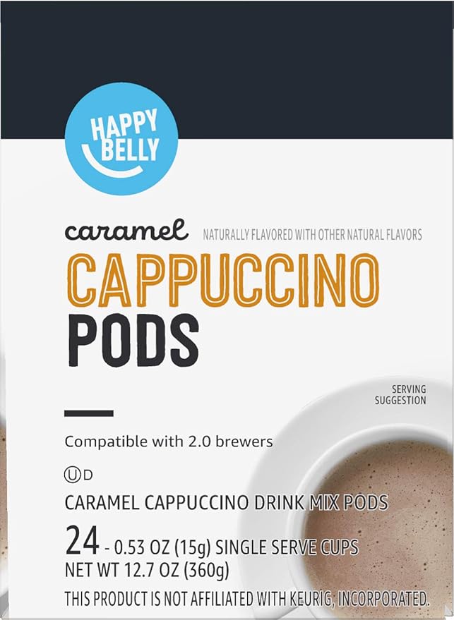 Amazon Brand - Happy Belly Cappuccino Coffee Pods Compatible with K-Cup Brewers, Caramel Flavored, 24 Count (Pack of 2)