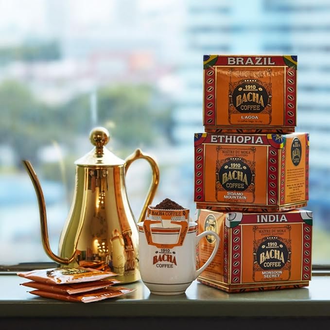 Bacha Coffee | Mount Kenya Single Origin, Medium Dark Roast, 100% Arabica Specialty Coffee, 12 Coffee Drip Bags, Gift Box