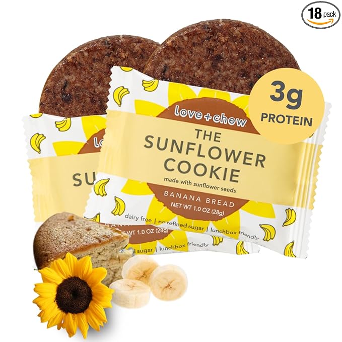 Love + Chew Soft Baked Protein Cookies, Gluten Free | (18) Count Sunflower Banana Bread Minis | Vegan, Paleo, Non GMO and Packed with Superfoods. - Individually Wrapped, and Made from Sunflower Seeds - (1) Ounce Cookies
