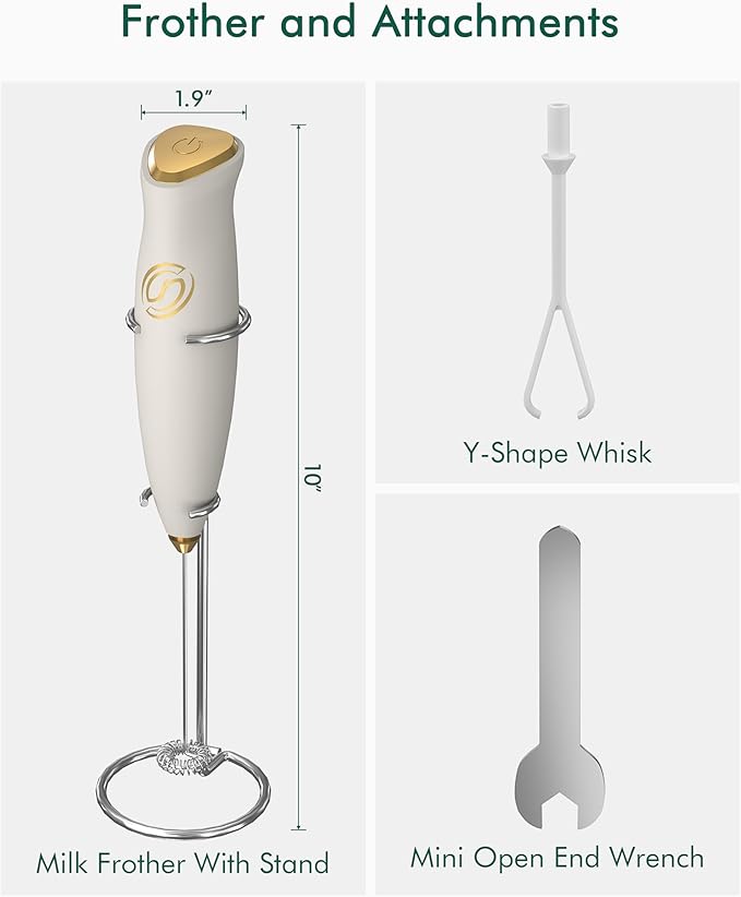 Milk Frother With Stand Handheld Frother Wand Drink Mixer Handheld Coffee Stirrers Electric Frother for Coffee Mixer Wand with 2 Whisk frother for protein powder-White/Gold