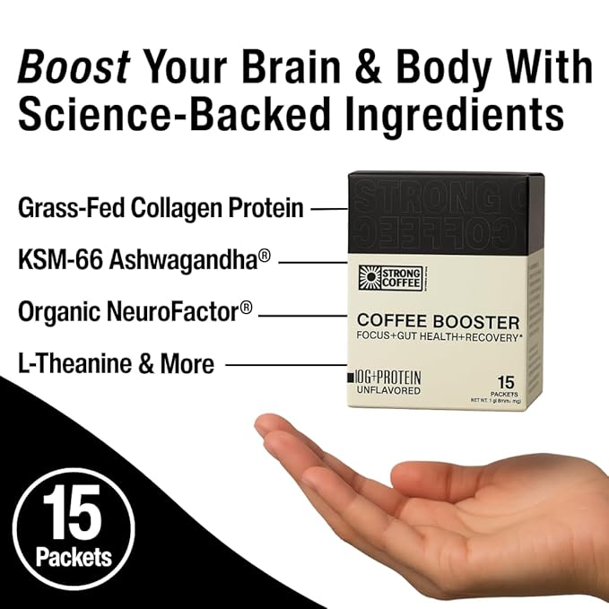 STRONG COFFEE COMPANY Coffee Booster – Collagen Coffee Protein Powder with NeuroFactor®, L-Theanine & Gut Health – 10g Protein, Electrolytes – Focus & Energy – 15 Packets