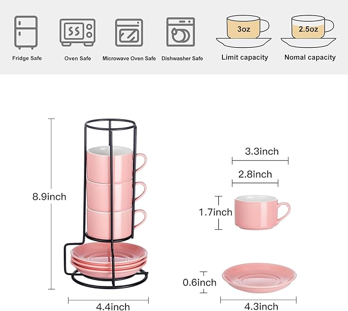 2.5oz Porcelain Stackable Espresso Cups with Saucers and Metal Stand Set of 4, Stackable Cappuccino Cups, Pink Expresso Shots Cup Set for Coffee Drinks, Latte, Tea