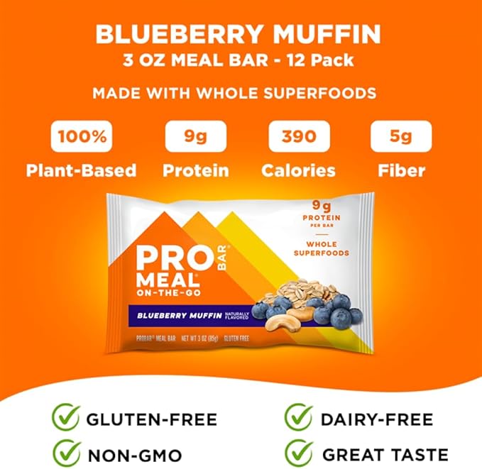 PROBAR - MEAL Bar, Blueberry Muffin, Non-GMO, Gluten-Free, Healthy, Plant-Based, Whole-Food Ingredients, Natural Energy (12 Count)