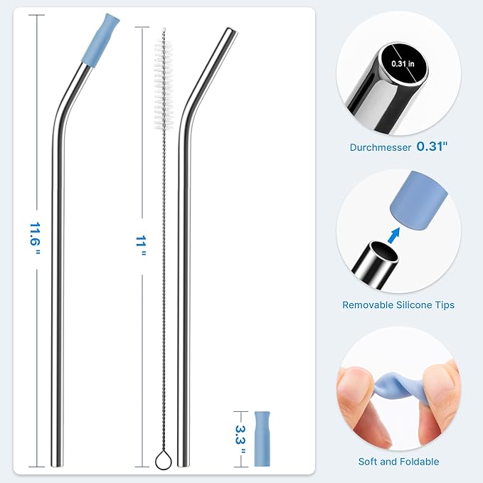 2 Pcs Stainless Steel Straw with Silicone Tips for 30 oz Stanley Tumbler, Repeatable 30 oz Metal Straws for Stanley Adventure Quencher Travel Tumbler Cup, BPA Free（Light Blue）
