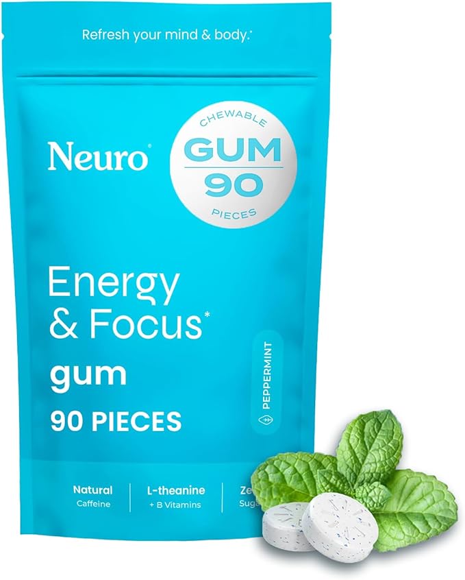 Neuro Energy & Focus Gum - 40mg Natural Caffeine Gum & Nootropic Energy Supplement with L-Theanine & B Vitamins - Sugar Free, Vegan - Peppermint, 90ct