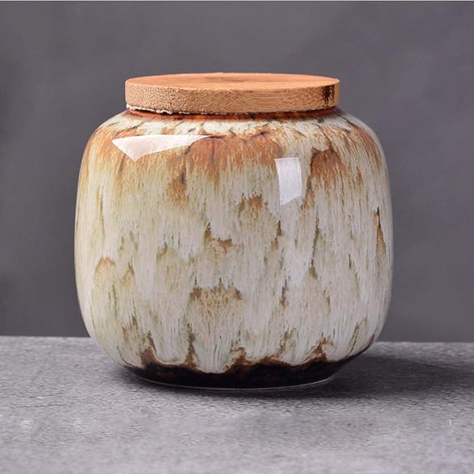 Ceramic Storage Jars, Vintage Chinese Style Storage Jars with Bamboon Lid, Traditional Tea Tins Cans Canister for Kitchen Spice, Tea, Coffee, Condiment (Khaki)