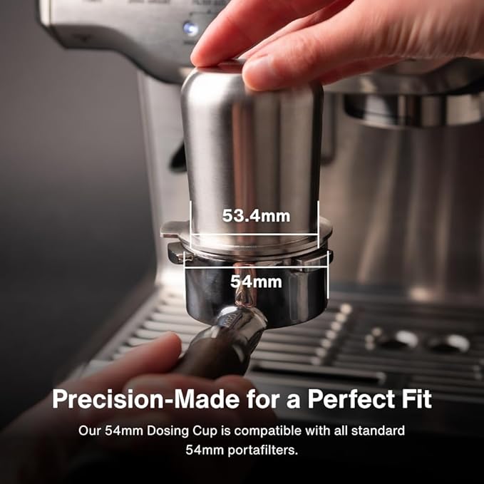 Crema Coffee Products 54mm Dosing Cup | Compatible with Breville Portafilters etc | Durable 100% Stainless Steel | Built-In Grinder Tab for Easy Transfer | Sleek, Mess-Free Design | Black Finish