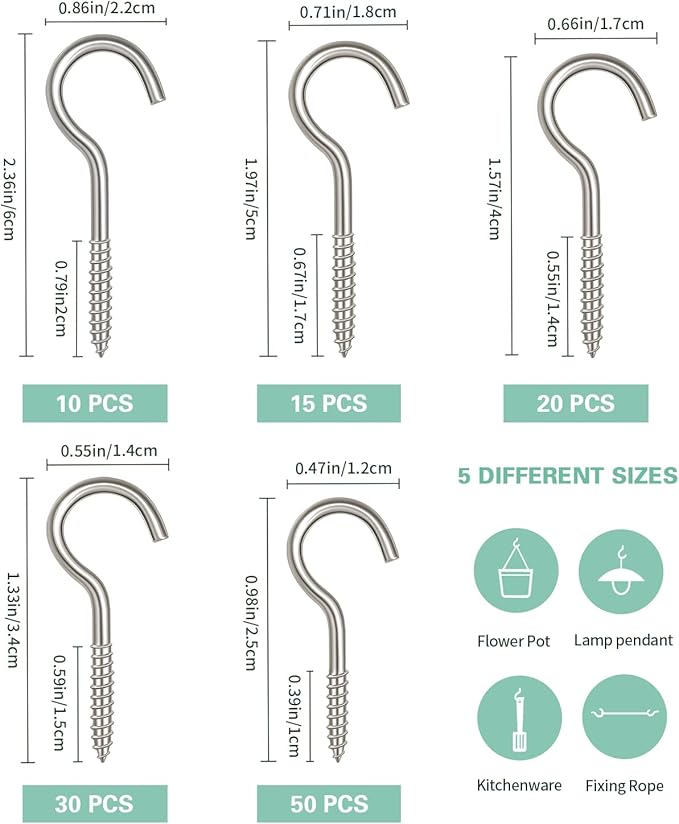 125 Pcs Screw Hooks in 5 Sizes – Cup Hooks for Hanging Plants, Mugs, Lights, and Ceiling Storage (Silver)
