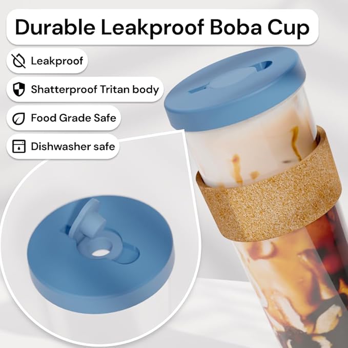 Dodoko Reusable 24 oz Bubble Tea Cup with Lid and Straw - Iced Coffee Cup - Smoothie Tumbler to Go - Breeze Blue