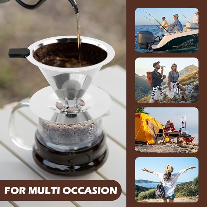 Pour Over Coffee Dripper with Cleaning Brush, Stainless Steel Cone Coffee Filter Fine Mesh Double Layer, Paperless Reusable Coffee Filter, Drip Cone Brew Coffee Strainer(SIZE:Medium)